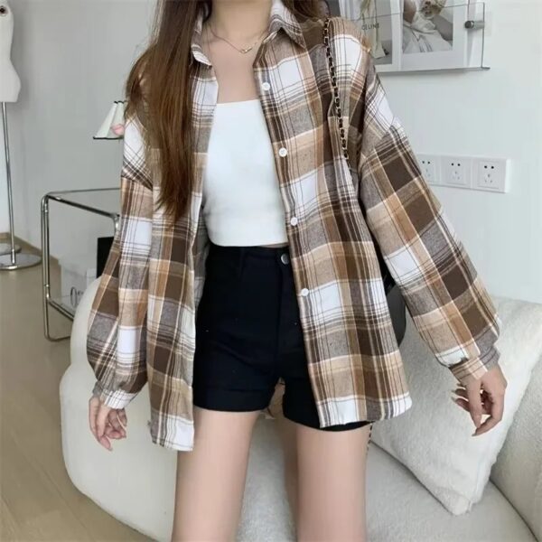 Plaid Shirt Women Fashion Autumn Long Sleeve Top Female Vintage Single Breasted Blouse Ladies Preppy Style Loose Check Shirts - Image 5