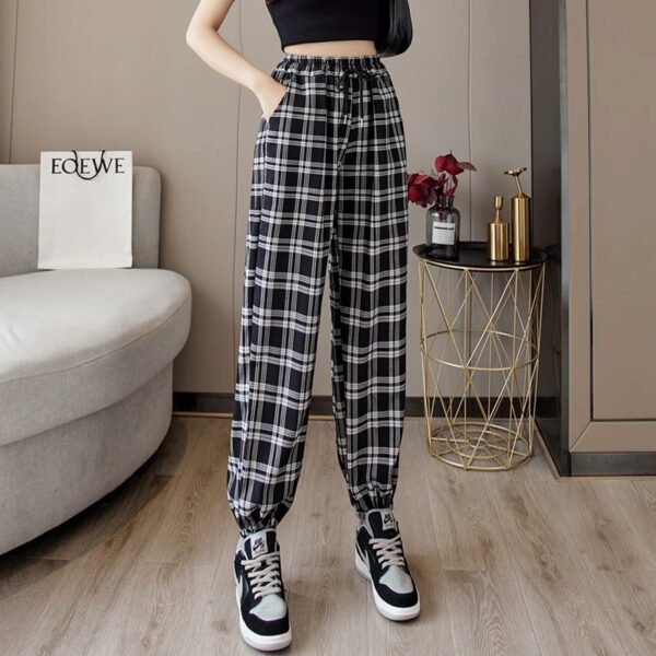 Pants Women New Bunch of feet Fashion Loose Black Plaid Summer Harajuku Students Streetwear Harem Long Trousers Womens Chic - Image 6