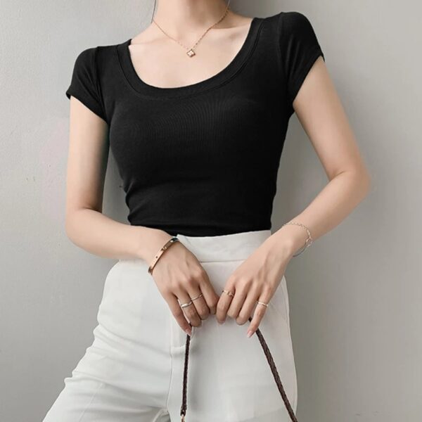 100% Cotton T Shirt Women Summer New Slim Solid Basic Tees Casual Tshirt Korean O Neck - Image 3