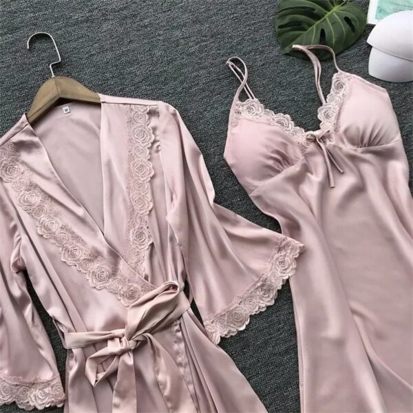 2PCS Female Lace Pajamas Set Satin Home Pyjamamas Lace Robe Sleep Suit V-Neck Wedding Nightwear Silk Dress Women Sleepwear - Image 2