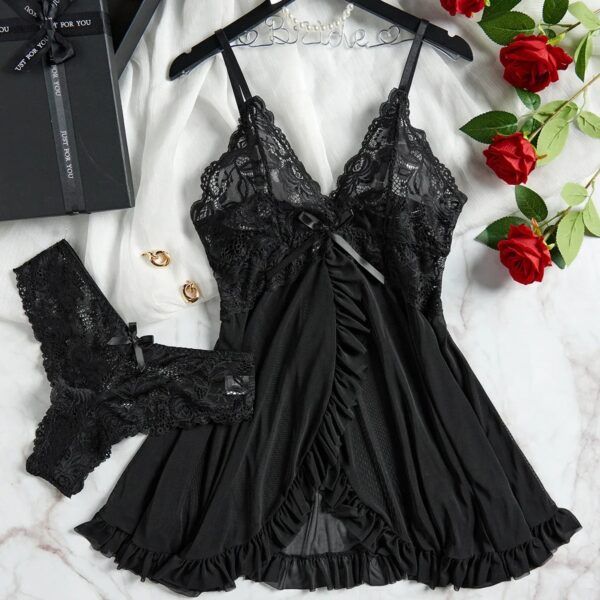 Tulle Suspenders Exquisite Women's Lencerias Lace V-Neck Underwear Semi-transparent Thong Dress Set Lingerie Nightgowns - Image 2