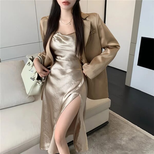 Satin Mid-Length Women's Bodycon Tube Dress Korean Version Fashion Sexy Slit All-Match Solid Color Sleeveless Evening Dresses - Image 5