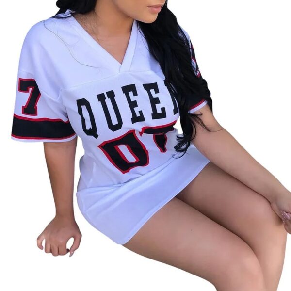 New Fashion V-Neck Queen Letters Print Dress Short Sleeve Basketball Sporty Style Sexy Loose Female Clothing Streetwear - Image 5
