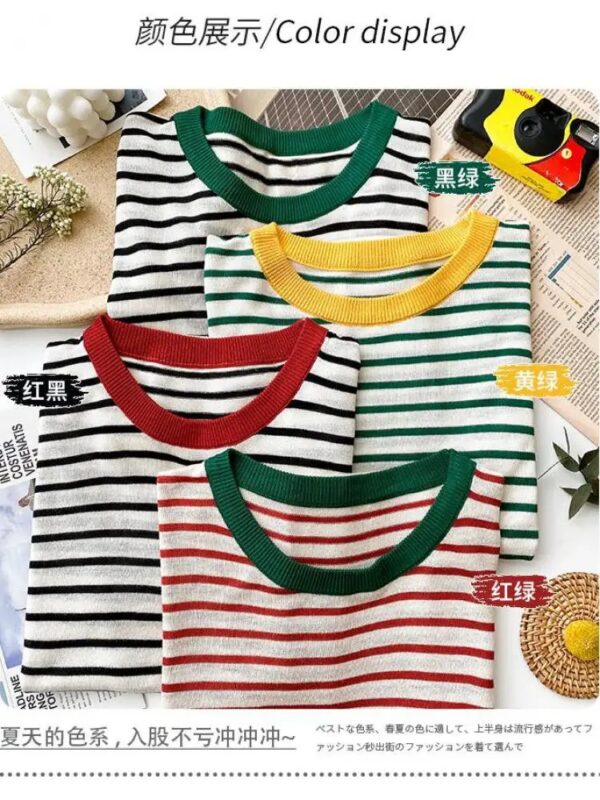 2025 Stripe Tops Women Knitted Round Collar Summer Print Short Sleeve Casual Simple Wild T-Shirt - Image 6
