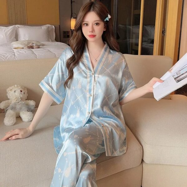 Ladies Silk Pajama Button up Top and Pants Women's Sleepwear Homewear Two-Piece Set V-Neck Printed Luxury Nightwear Loungewear - Image 4