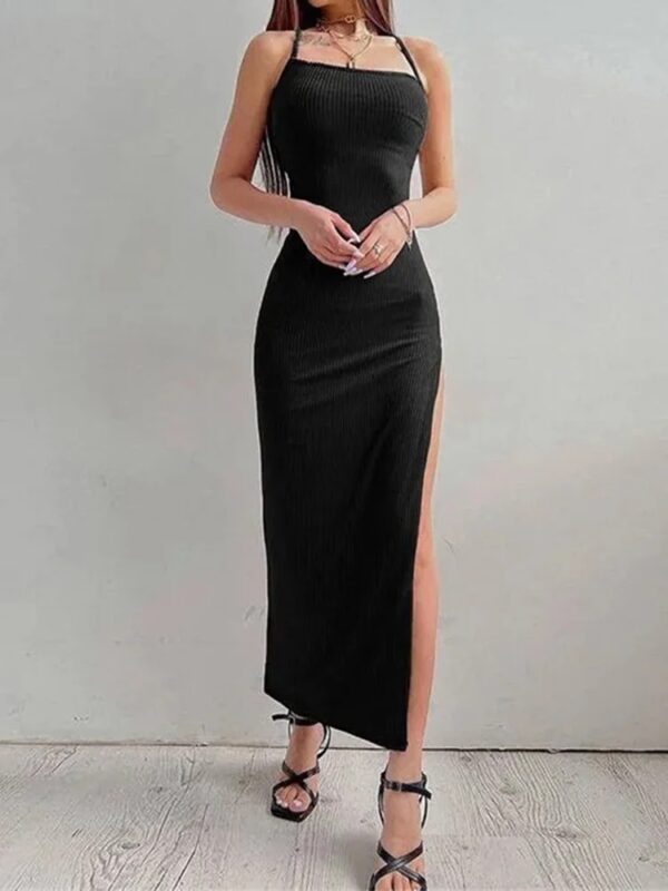 Sexy Black Long Bodycon Dress Women Summer Sleeveless Blackless Halter Neck Spaghetti Strap Dresses High Split Vestidos - Image 2