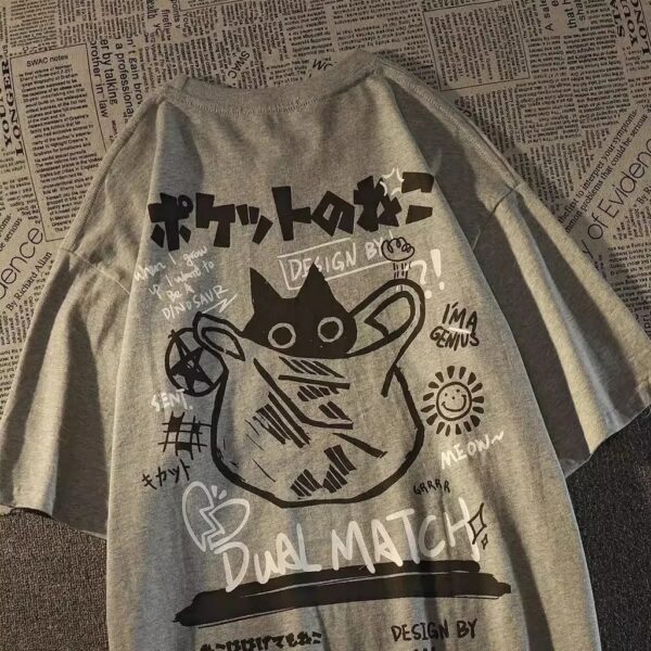 Summer Japanese Retro Pocket Cat Cartoon Printed Short Sleeve T-shirt Male Female Couples Unisex College Style Oversized Top - Image 7