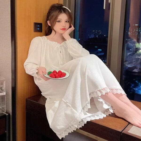 Long-Sleeved Princess Style Nightgown Women's Pajamas Lace Court Style Loose Large Size 2024 New Home Wear - Image 4