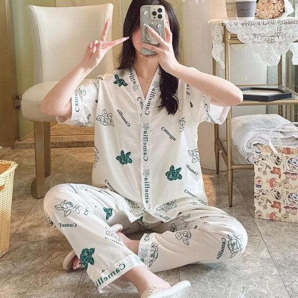 Ladies Silk Pajama Button up Top and Pants Women's Sleepwear Homewear Two-Piece Set V-Neck Printed Luxury Nightwear Loungewear - Image 3