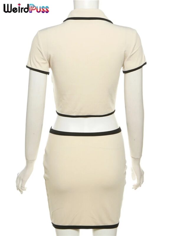 Weird Puss Ribbed Women 2 Piece Set Polo Neck Button Shorts Crop Tops+Mini Skirts Matching Stretch Elegant Streetwear Outfits - Image 5