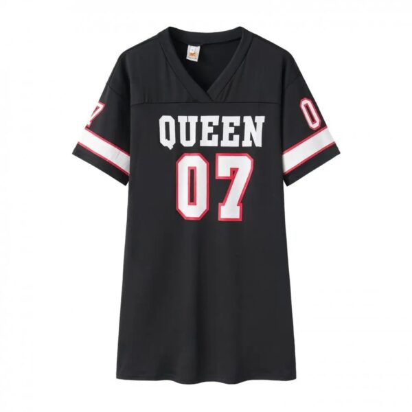 New Fashion V-Neck Queen Letters Print Dress Short Sleeve Basketball Sporty Style Sexy Loose Female Clothing Streetwear - Image 3