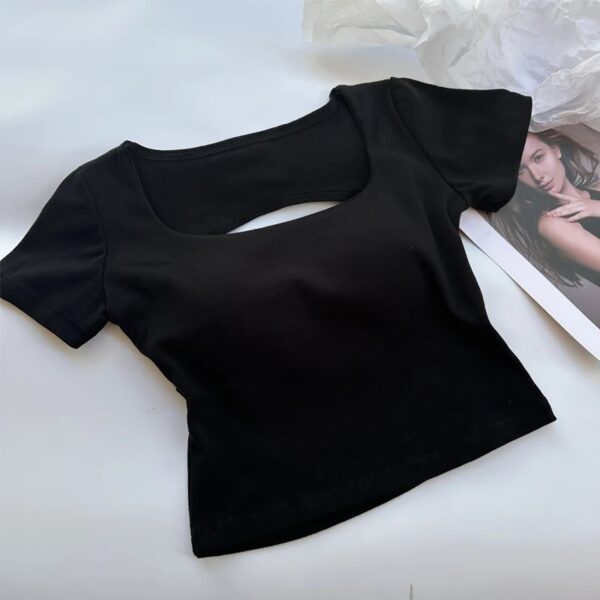T-shirt Woman clothing Square Neckline tops Short Sleeve crop top with bras for women girls sexy street wear Backless top tees - Image 4