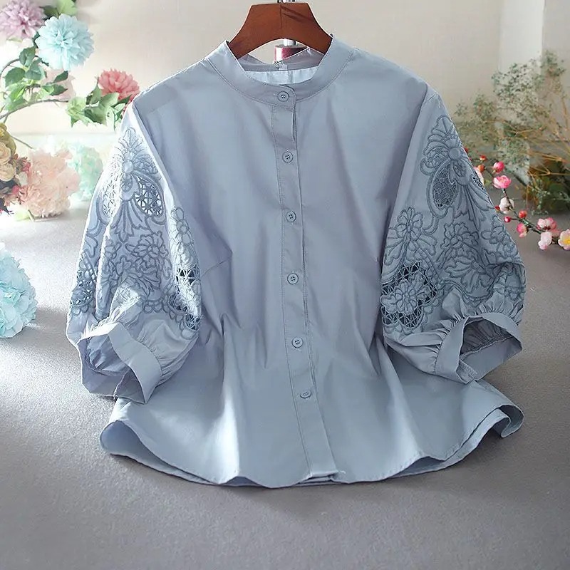 Pure Cotton Hollow Embroidered Shirt for Women 2025 Summer New Loose Versatile Collar Temperament Lantern Sleeves