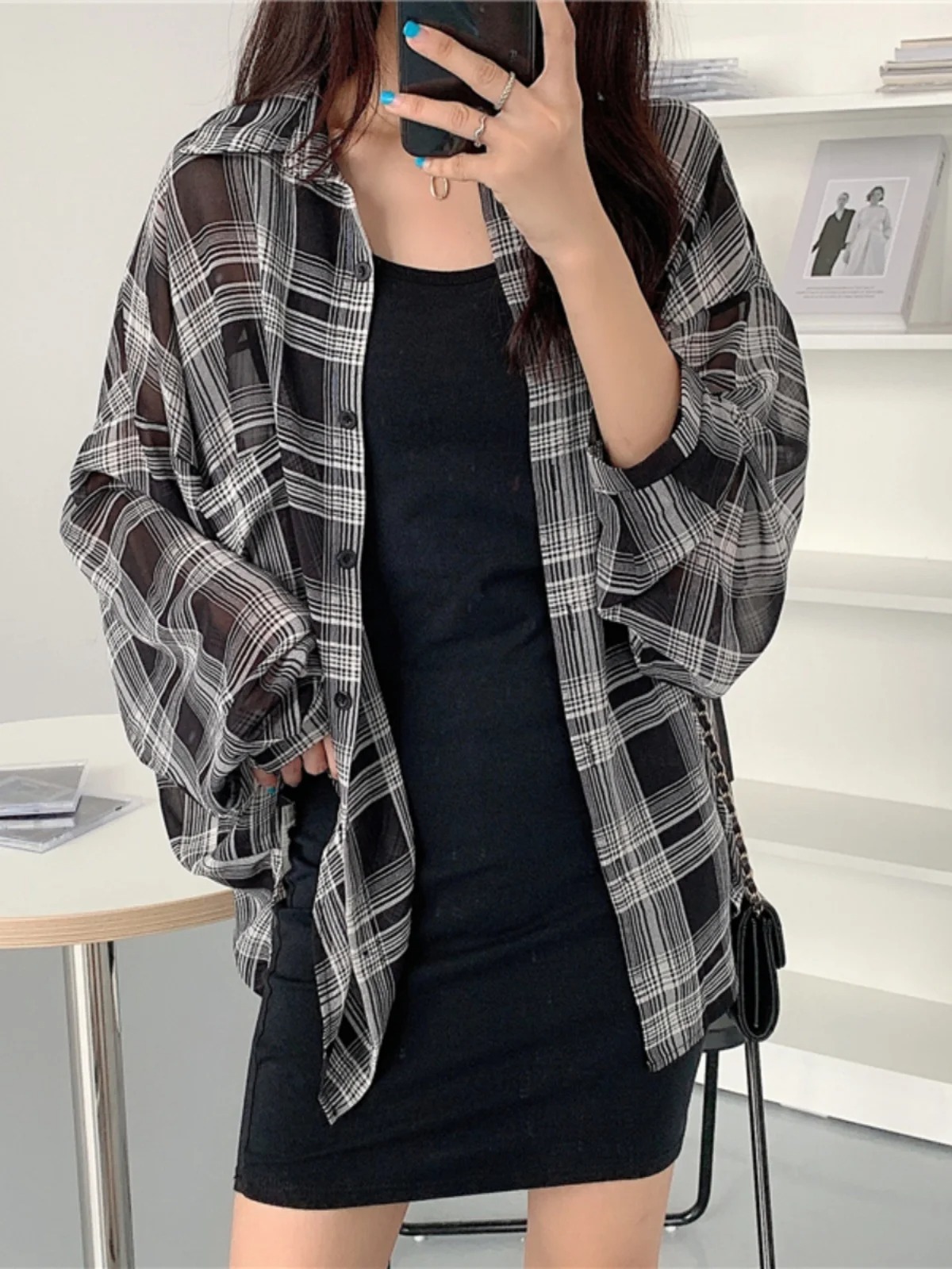 Summer Women's plus Size Plaid irt Ice Silk Thin Outerwear Sun Protection Top oulder Wrap Summer Outfit Long Sve Midi - Image 6