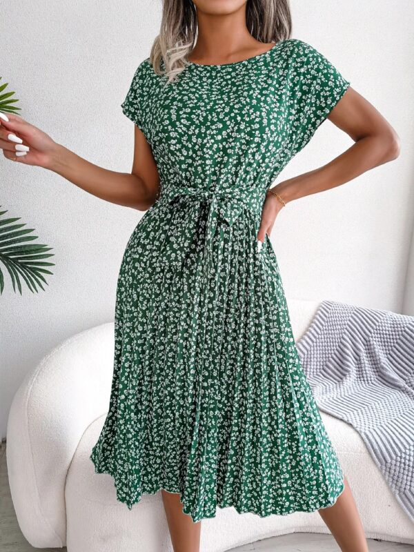Summer Short Sleeve High Waist Chic Dress Fashion Floral Pleated A Line Long Dress - Image 10