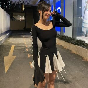 WhereMery Sexy High Waist Women Long Sleeve Dress Elegant Lace up Ruffle Slim A-link Dresses Spring Temperament Streets Vestidos