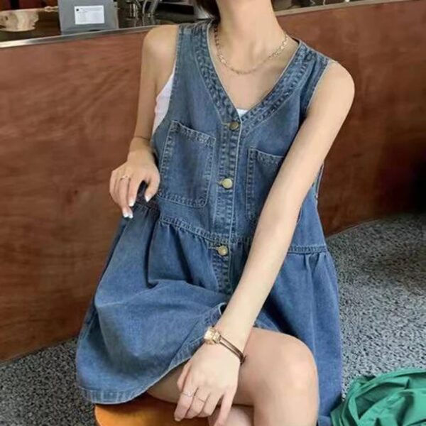 Sleeveless Strap Dress Women 2025 Summer Single-Breasted Pockets Denim Dresses Woman Korean Style Loose A Line Mini Dress - Image 6