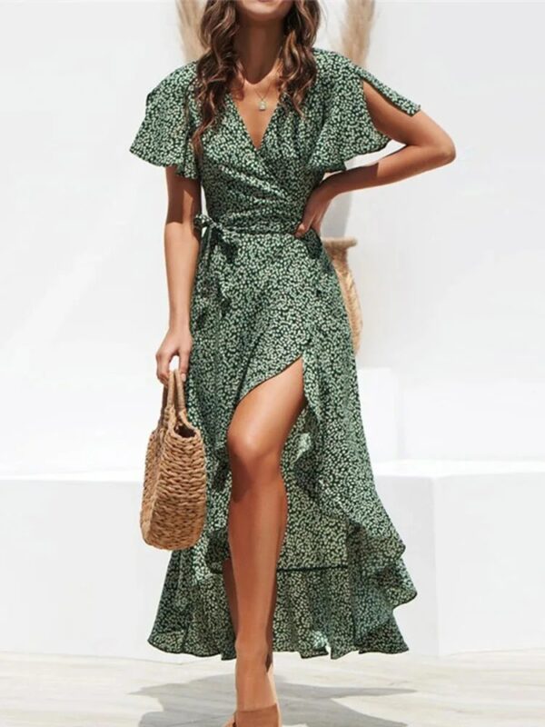 Summer Beach Maxi Dress Women Floral Print Boho Long Chiffon Dress Ruffles Wrap Casual V-Neck Split Sexy Party Dress Robe Femme - Image 10