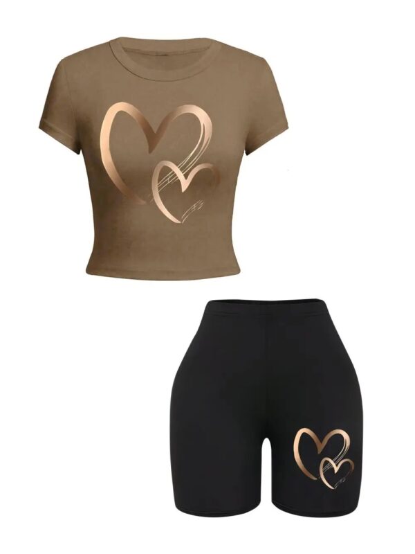 Summer Women Slim-fit T-Shirts & Shorts 2 Pieces Set Simple Hearts Pattern Prints Crop Tops Fashion High Elastic Soft Clothes - Image 2