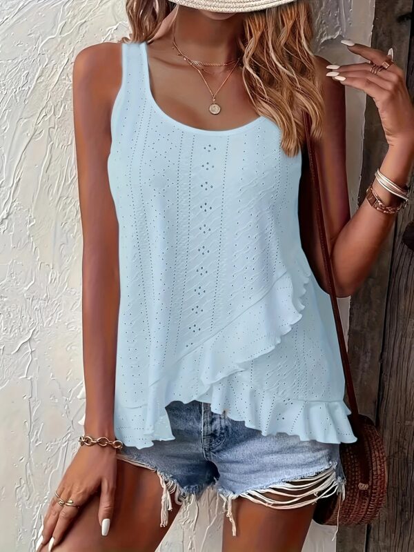New 2025 Spring Summer Elegant Plus-Size Round Neck Sleeveless Top Solid Color with Lace Details and Irregular Ruffled Hem Made - Image 3