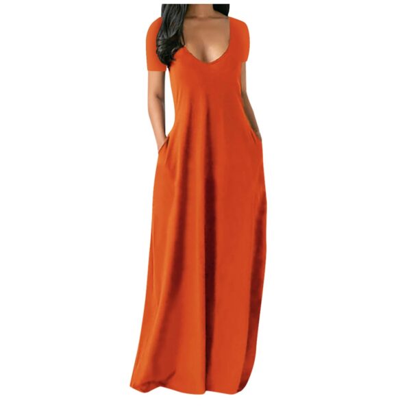 European and American summer cross-border foreign trade new plus size women's solid color dress sexy deep V short sleeved long s - Image 3
