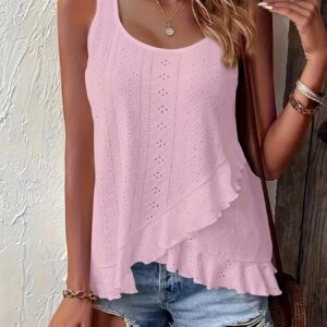 New 2025 Spring Summer Elegant Plus-Size Round Neck Sleeveless Top Solid Color with Lace Details and Irregular Ruffled Hem Made