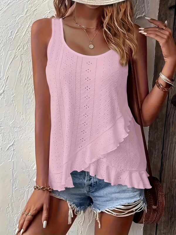 New 2025 Spring Summer Elegant Plus-Size Round Neck Sleeveless Top Solid Color with Lace Details and Irregular Ruffled Hem Made