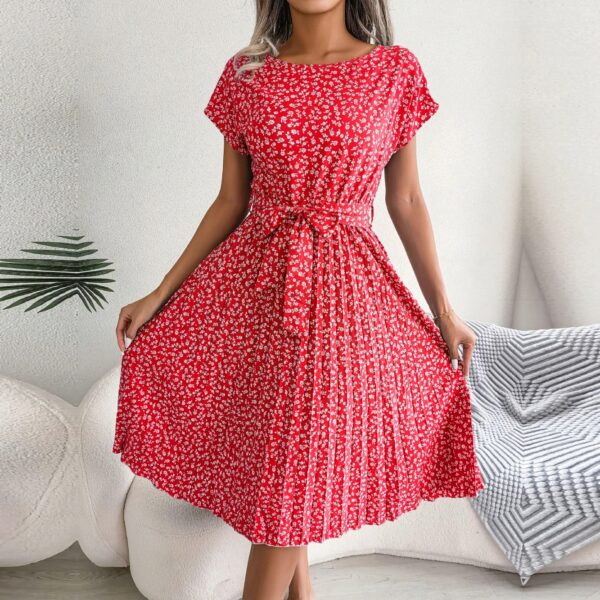 Summer Short Sleeve High Waist Chic Dress Fashion Floral Pleated A Line Long Dress - Image 4