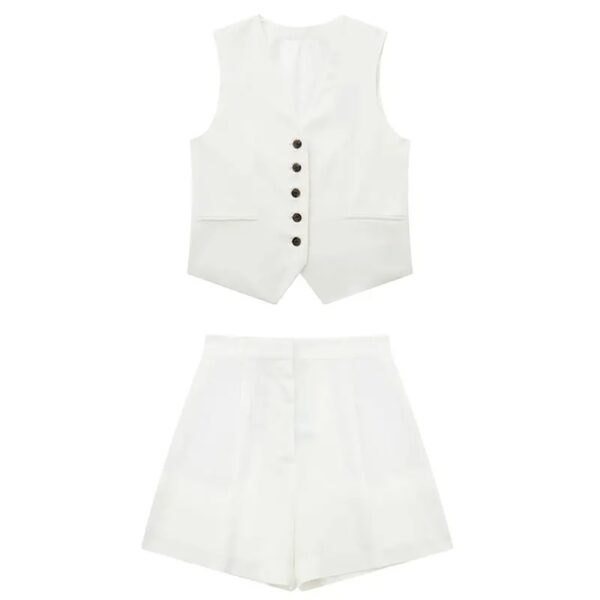 Women Vinatge Fashion Shorts Set Solid White Sleeveless Vest+Pockets Pants Female Two Pieces Set Street - Image 4
