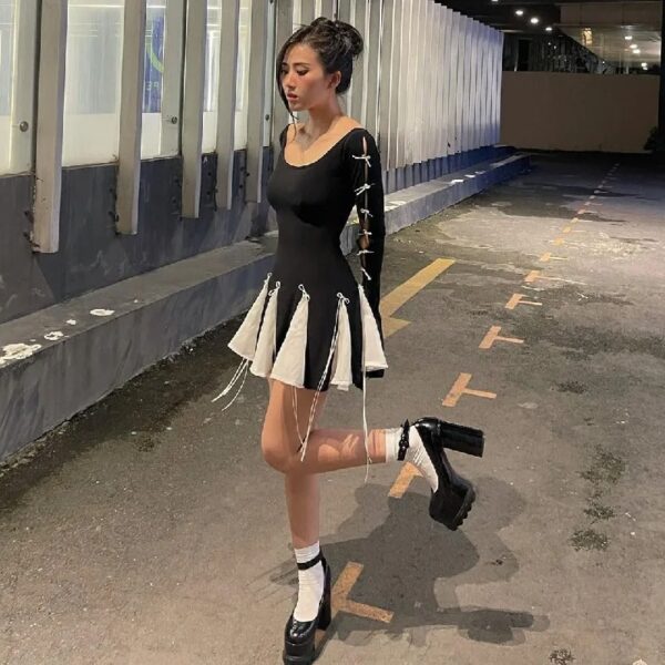 WhereMery Sexy High Waist Women Long Sleeve Dress Elegant Lace up Ruffle Slim A-link Dresses Spring Temperament Streets Vestidos - Image 5