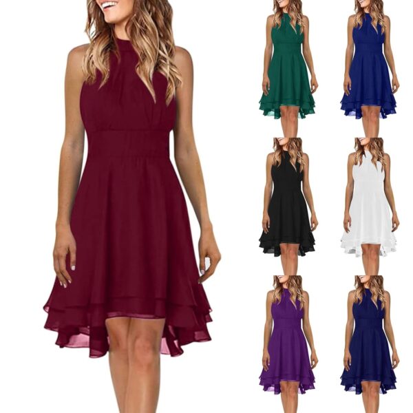 Summer Elegant Women Dresses High Waist Sexy Cropped Layered Solid Halter Dress Ladies Casual Sleeveless Chiffon Party Dress - Image 6