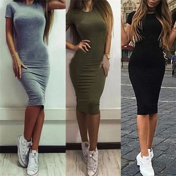 Summer Women Dresses Knee-Length Shinny Casual Short Sleeve Bandage Bodycon Sheath Dress Vestidos QT031
