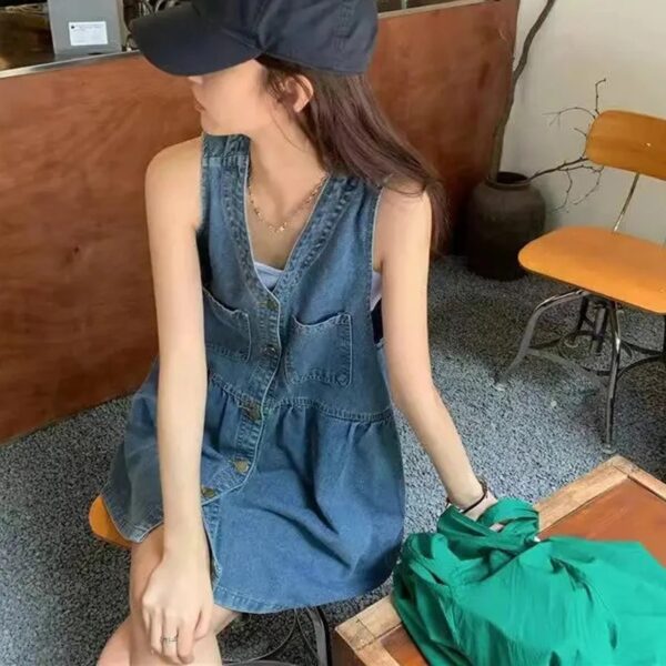 Sleeveless Strap Dress Women 2025 Summer Single-Breasted Pockets Denim Dresses Woman Korean Style Loose A Line Mini Dress - Image 5