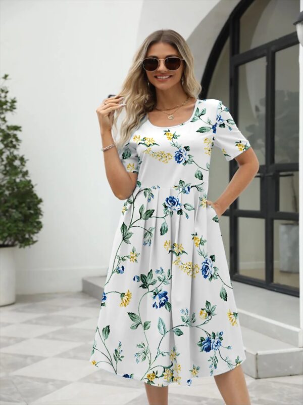 2025 summer new! Ladies fashion elegant printed crew neck short sleeve zipper dress for EU-USA summer