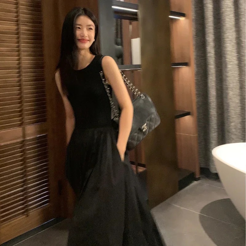 New Vintage Black Tank Top Midi Dress Wedding Dresses for Women Clothing O Neck Office Lady Casual Pockets Women's Clothing - Image 6