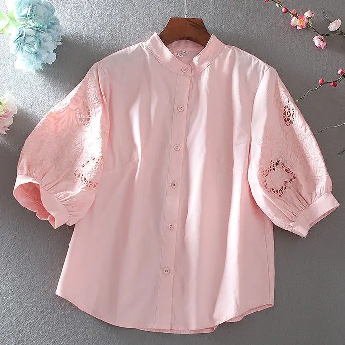 Pure Cotton Hollow Embroidered Shirt for Women 2025 Summer New Loose Versatile Collar Temperament Lantern Sleeves - Image 2