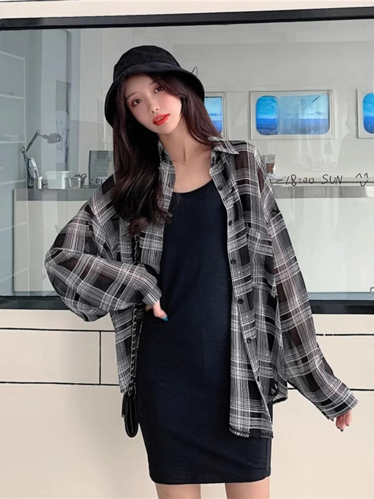 Summer Women's plus Size Plaid irt Ice Silk Thin Outerwear Sun Protection Top oulder Wrap Summer Outfit Long Sve Midi - Image 4