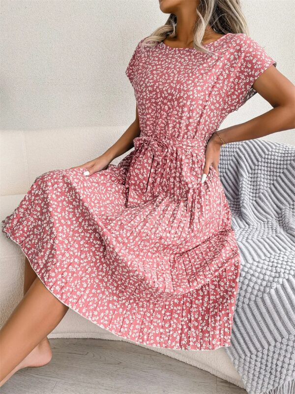 Summer Short Sleeve High Waist Chic Dress Fashion Floral Pleated A Line Long Dress