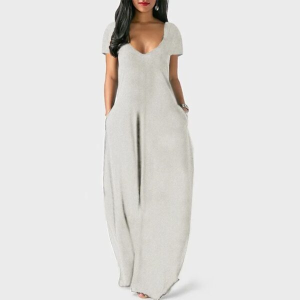European and American summer cross-border foreign trade new plus size women's solid color dress sexy deep V short sleeved long s - Image 5