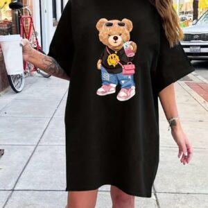 Women's long tshirt dress summer fashion girl pattern print oversized casual round neck short sleeved mini T-shirt dress