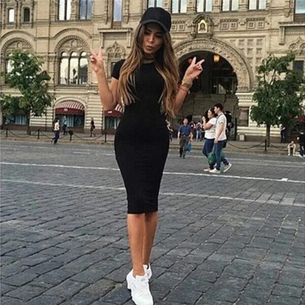 Summer Women Dresses Knee-Length Shinny Casual Short Sleeve Bandage Bodycon Sheath Dress Vestidos QT031 - Image 6