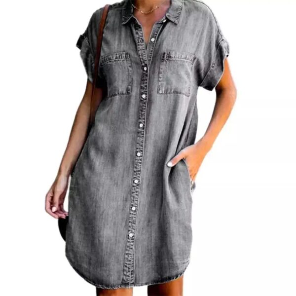 Summer New Single Breasted Denim Shirt Dress Women's Casual Loose Pocket Simple Retro Commuter Female Office Denim Short Skirt - Image 8