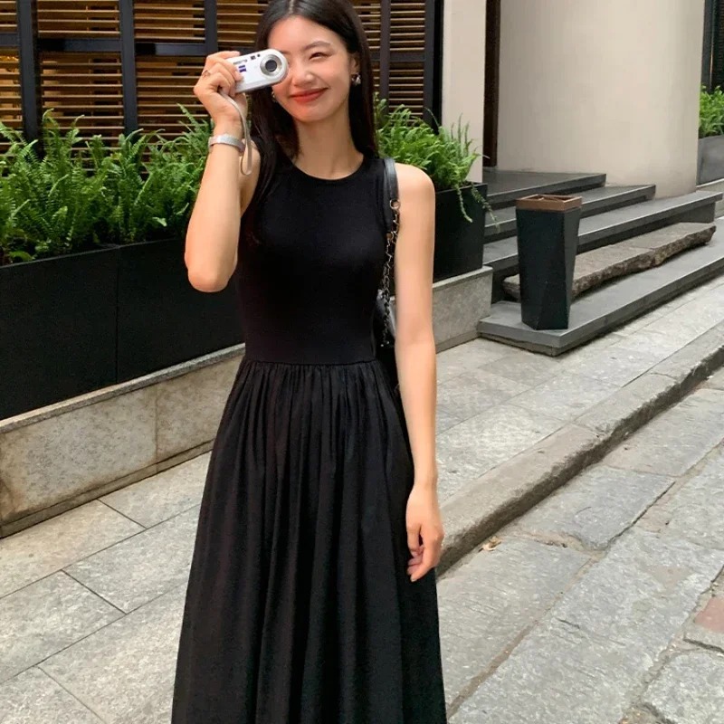 New Vintage Black Tank Top Midi Dress Wedding Dresses for Women Clothing O Neck Office Lady Casual Pockets Women's Clothing - Image 5