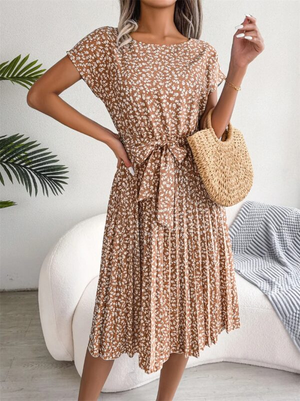 Summer Short Sleeve High Waist Chic Dress Fashion Floral Pleated A Line Long Dress - Image 9
