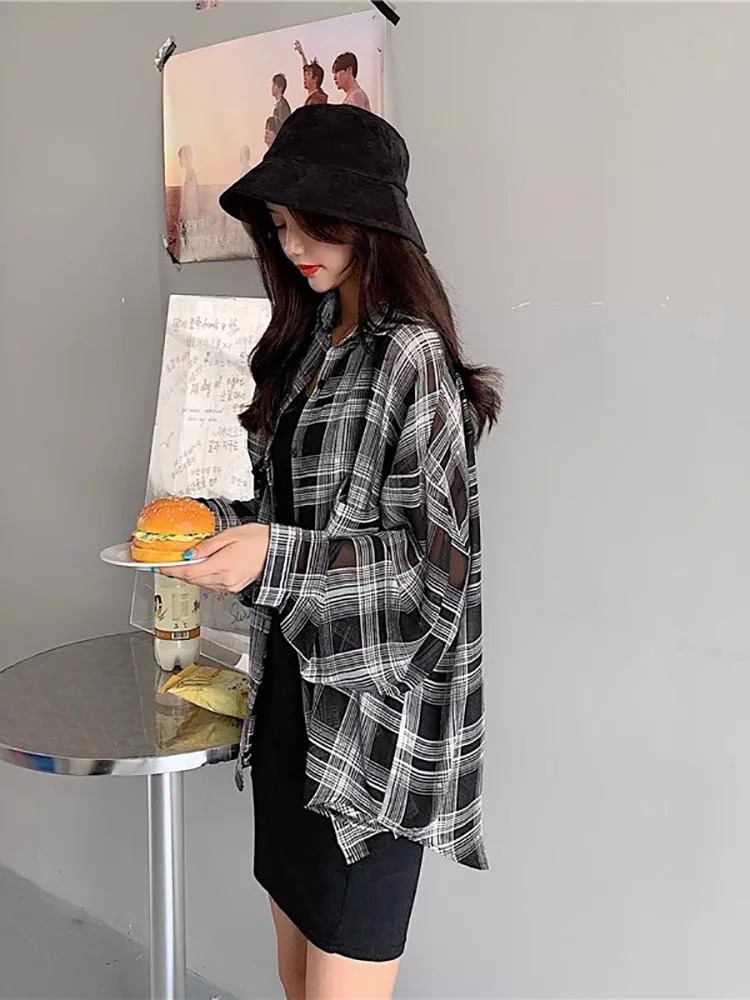 Summer Women's plus Size Plaid irt Ice Silk Thin Outerwear Sun Protection Top oulder Wrap Summer Outfit Long Sve Midi - Image 3