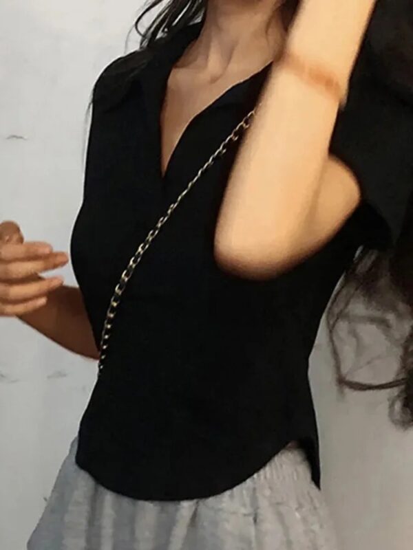 Summer Short Sleeve Lapel Top Women'S Solid V-Neck Pullovers Retro Sweet Shirts Hot Girl Crop Top Female Slim Versatile Tee - Image 5