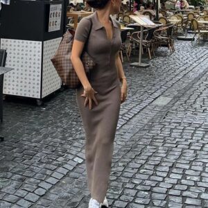 Elegant Office Lady Maxi Dress Women Solid Fashion Turn-down Collar Short Sleeve Button Side Slit Body-Shaping Street Robe