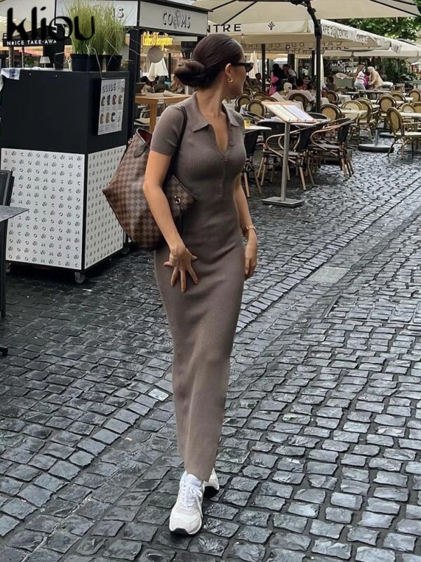 Elegant Office Lady Maxi Dress Women Solid Fashion Turn-down Collar Short Sleeve Button Side Slit Body-Shaping Street Robe