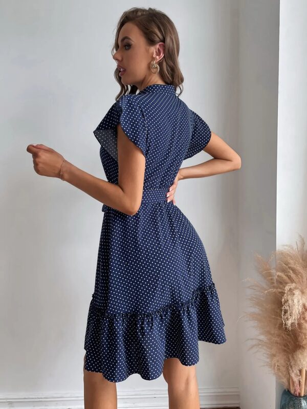 European and American women's polka dot printed butterfly sleeves with ruffled edges and wide pine hem waistband dress - Image 7