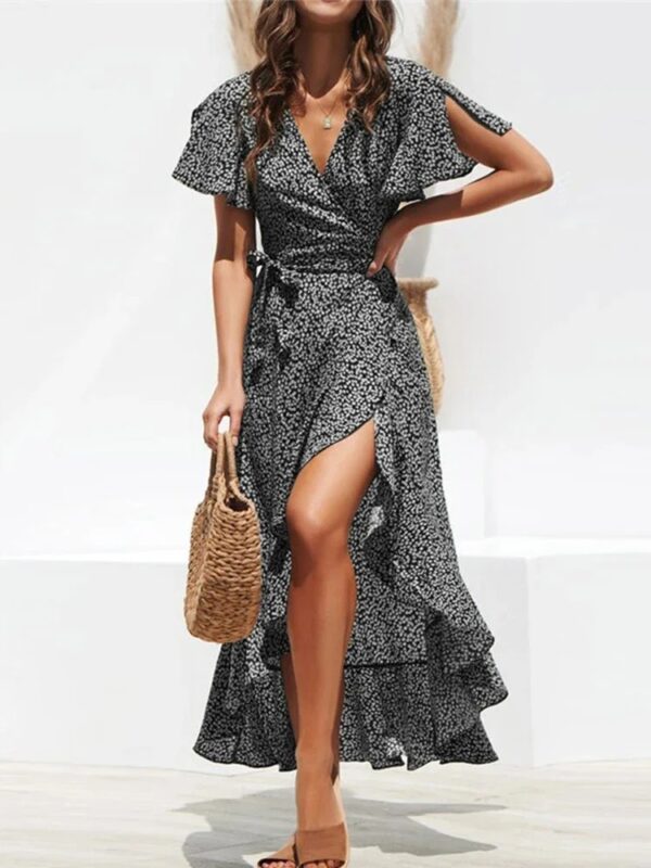 Summer Beach Maxi Dress Women Floral Print Boho Long Chiffon Dress Ruffles Wrap Casual V-Neck Split Sexy Party Dress Robe Femme - Image 7